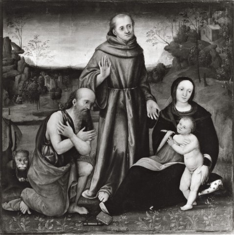 Anonimo — Ramenghi Bartolomeo - sec. XVI - Madonna con Bambino, san Francesco d'Assisi e san Girolamo — insieme